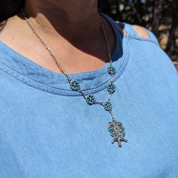 Zuni Chain Necklace and Earrings Set Kingman Turquoise Cluster Native American** - Picture 4 of 9